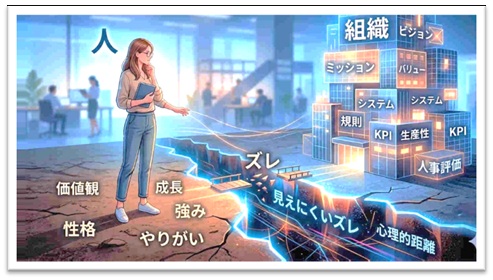 人と組織の間にある見えにくいズレを示したイメージ